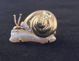 Snail Brooch, 14K Gold, Diamonds, Pearl - Picture 1 of 8