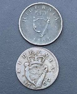 George III Irish Half Penny Coins (2 1769 & 1805 Ireland Georgian Copper Lot G50 - Picture 1 of 6