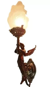 Antike Art Deco Messing Meerjungfrau Wandleuchter Leuchte - Jugendstil Leuchte Lampe - Bild 1 von 9