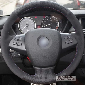 Black Genuine Leather Suede Car Steering Wheel Cover for BMW E70 X5 2007-2011 - Picture 1 of 10