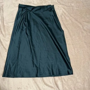 Forever 21 Midi Side Slit Satin Skirt Dark Green Office Siren Women’s Size Large - Picture 1 of 8