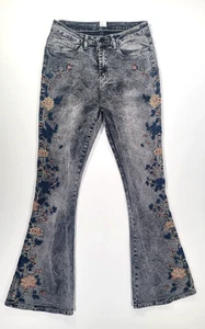 Venus Blumen bestickt dunkle Waschung grau Denim Boot Cut Schlag Jeans Damengröße 8 - Bild 1 von 6