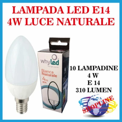 10 LAMPADINE LED E14 ATTACCO E14 WHYLED CANDELA BIANCO OPACO 4W LUCE NATURALE - Immagine 1 di 3