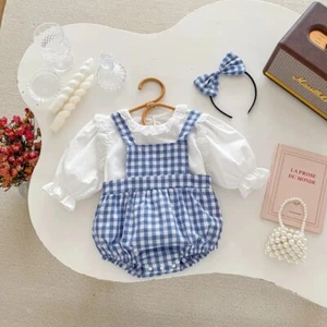 Baby Girls Casual Cute Solid Color Long Sleeve Top Plaid Romper Set - Picture 1 of 8