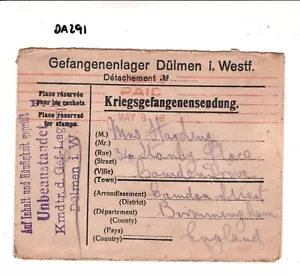 GERMANY WW1 POW MAIL Cover Dülmen GB Birmingham 1916 DA291 - Picture 1 of 12