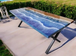 Stunning Ocean Wave Inspired Epoxy Resin Dining Table Top Luxury Farmhouse Decor - Picture 1 of 8