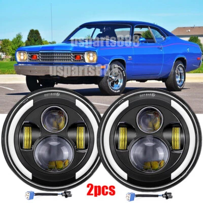 2x Fit Plymouth Duster 340 1970-1975 7" Round LED Headlights Hi/Lo Beam Halo DRL - Image 1 of 4