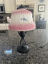 Antique Boudoir Lamp With Black Wrought Iron Base And Hand painted Shade