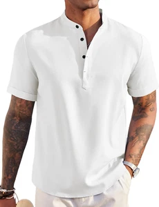 Men'S Linen Henley Shirt Short Sleeve Casual Summer Beach Hippie T Shirts - Picture 1 of 12
