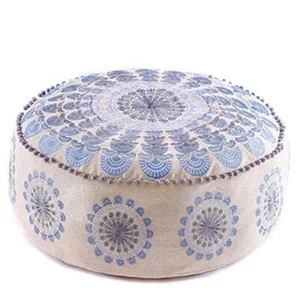 Large Round Floor Pillow Cover Blue Indian Décorative Blue Peacock Pouf Cover - Picture 1 of 7