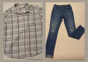 Girls Size 16 Childrens Place Outfit Distressed Denim Jeans & Plaid Long Sleeve - Picture 1 of 10