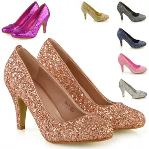 Womens Glitter Shoes Bridal Slip On Low Heel Ladies Evening Party Courts Size - Picture 1 of 50
