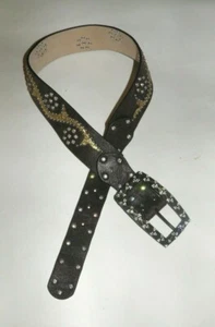 Women's Brown Leather Western Belt w/Rhinestone Buckle & Gold Lame Insets Size S - Picture 1 of 7