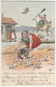 1904 Hexe reitet Stier & Besen - Künstler signierte illustrierte Postkarte - Bild 1 von 2