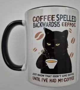 Funny Coffee Cat Mug EEFFOC Is Coffee Spelled Backwards 15 OZ Cute Cup - Picture 1 of 3