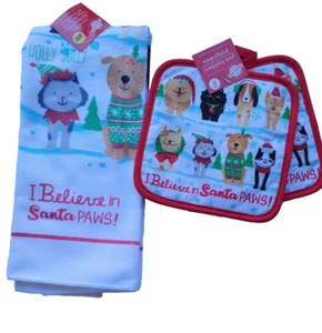 Santa Paws Holiday Festive Kitchen Towel &Potholders W/Jolly Dogs & Cats 3Pc Set - Picture 1 of 5