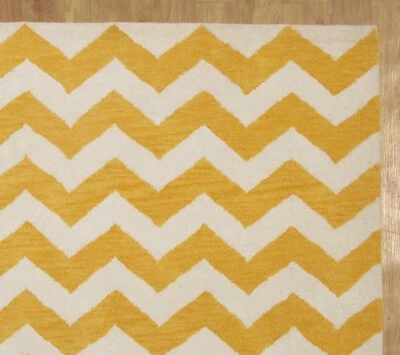 Zig Zag Chevron Jaune Blanc Moderne Touffeté à la Main 100% Laine Doux Zone Rug - Photo 1/4