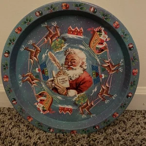 Vtg Daher Decorated Ware Round Tin Metal Tray Santa Reindeer 10.5” England - Picture 1 of 5