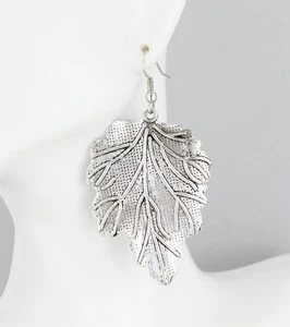 silver leaf earrings leaves textured dangle 2.5" long lightweight silver maple - Picture 1 of 10