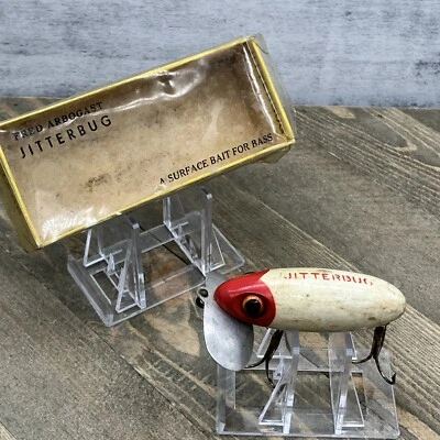 Señuelo de pesca vintage Jitterbug Arbogast Topwater Plug rojo blanco madera lubina caja Og Foto 1 de 4