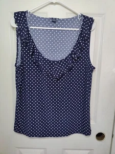 Chaps Ralph Lauren Navy Blue Polka Dot Sleeveless Ruffle Stretch Blouse Top L - Picture 1 of 4