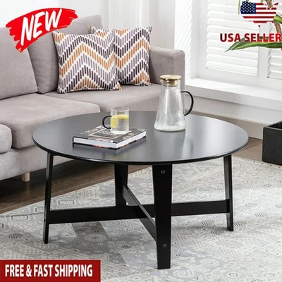 Round Wood Coffee Table 35.98x35.98x18in Black Gloss Coated Durable Indoor Use - Image 1 of 4