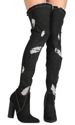 Botas hasta la rodilla Cape Robbin Distressed Look negras de mezclilla 7 Foto 1 de 3