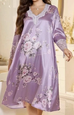 Queen Styl Romantic Purple Floral Satin & Lace Long Sleeve Nightgown 3X 3XL NEW - Image 1 of 4