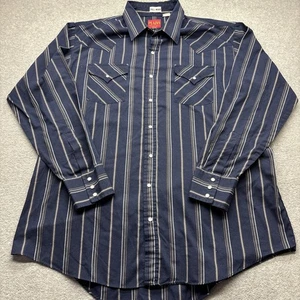 Plains Shirt Mens XLT Pearl Snap Long Sleeve Blue Stripe Flap Pockets Cowboy - Picture 1 of 10