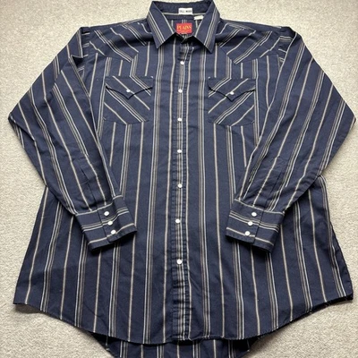 Plains Shirt Mens XLT Pearl Snap Long Sleeve Blue Stripe Flap Pockets Cowboy - Image 1 of 4