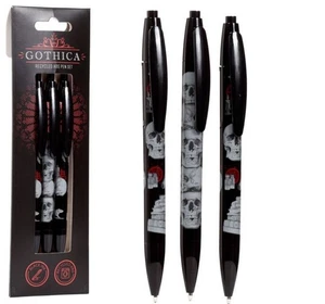 3 x Gothica Totenkopf Design Kugelschreiber - schwarze Tinte - Schule Stifte - Halloween - Bild 1 von 8