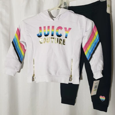 Conjunto de jogging Juicy Couture feminino calça preta com capuz branco arco-íris tamanho 4T - Imagem 1 de 4