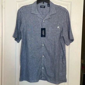 Chaps navy and white houndstooth button down linen blend shirt sz M - Picture 1 of 6