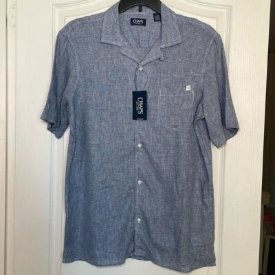 Chaps navy and white houndstooth button down linen blend shirt sz M - Image 1 of 4