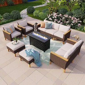 10 PC Patio Furniture Set Outdoor Conversation Set Rattan Sofa w/ Fire Pit Table - Picture 1 of 7