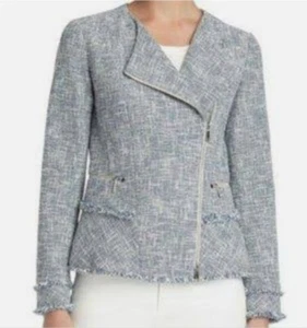 Lafayette 148 8 Jacket Owen Mayfair Tweed Womens Peplum Moto Zip Blue Asymmetric - Picture 1 of 14