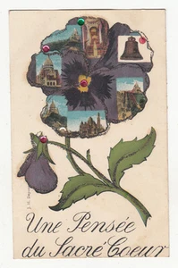 *** Une Pensée du Sacré Coeur (avec Paillettes) ** Fantaisie +/- 1930 - CPA 0564 - Picture 1 of 2