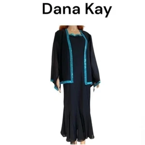 Dana Kay Dress Jacket Set Blue Trim Maxi Formal Evening Elegant Dress 16W - Picture 1 of 14