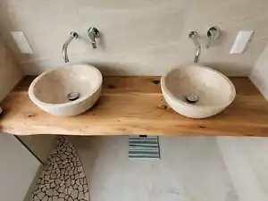 Waschtisch Eiche Holzplatte massiv Holz Aufsatzbecken Naturkante Zuschnitt geölt - Bild 1 von 20