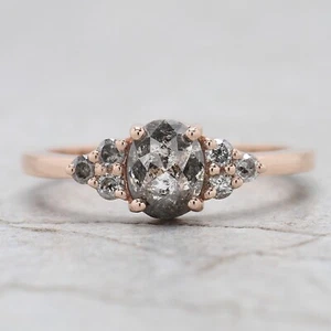 0.91 Ct Oval Cut Salt And Pepper Diamond Ring 14K Rose Gold Engagement Gift Ring - Picture 1 of 9