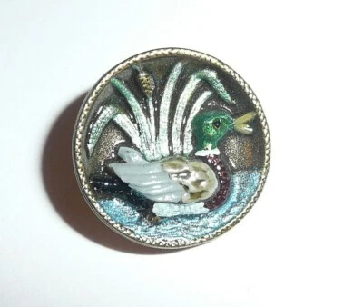 Pretty Hand Painted Duck Antique Reproduction Metal Shank Button 3/4" Limited  - Image 1 of 4