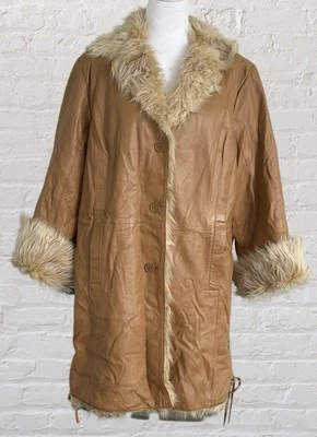 VTG Via Accenti Penny Lane Brown Leather Coat faux fur Lined Bohemian Sz 18 W - Image 1 of 4