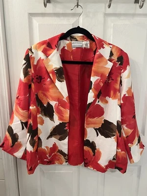 Alfred Dunner Blazer 女式 14P 码花卉奶油色,红色和桃色印花 3/4 袖 — 第 1/4 张图片