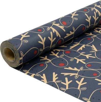 Gift Wrapping Paper Roll for Christmas Blue Kraft Festive Elk Pattern 15M X 43CM - Image 1 of 4