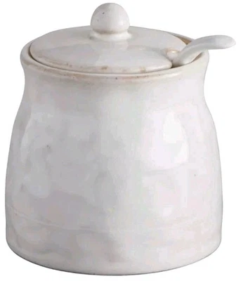 Stoneware sugar pot with lid and wood spoon, white glaze - Image 1 of 2