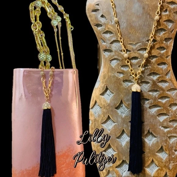 LILLY PULITZER NECKLACE NWT Midnight Tassel Gold  Crystal Pave Ball Chain - Image 1 of 4