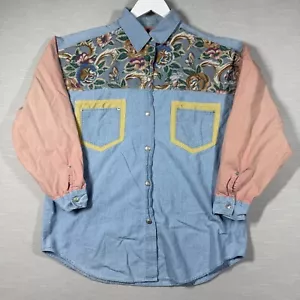 Vintage Denim Shirt Womens L Blue Cottage Core Western Paisley Colorblock 90s - Picture 1 of 17