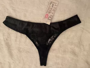 KISS ME DEADLY VINTAGE Women’s Sirena Black Satin Lace Mesh Thong Size Medium - Picture 1 of 7