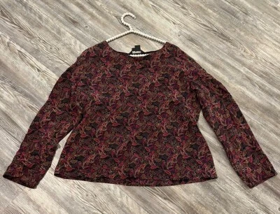 Blusa feminina vintage 90’s ANN MAY roxa multi paisley 100% seda manga comprida G - Imagem 1 de 4