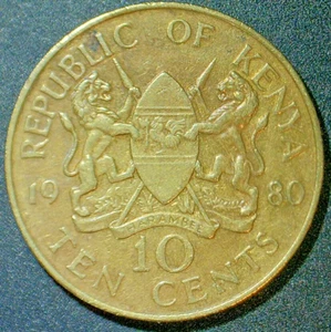 WORLD COIN SALE: KENYA 1980 .10 CENT COIN--NICKEL/BRASS COMPOSITIION--KM# 18 - Picture 1 of 3